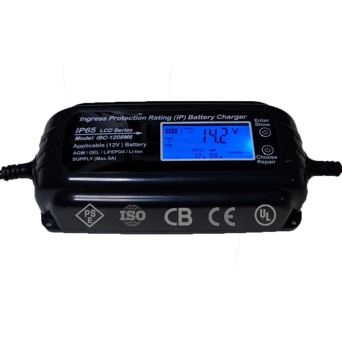

Waterproof IP65 with Pulse Maintain and Power Supply 12V 8A Intelligent AGM GEL LiFePO4 Li-ion Battery Charger