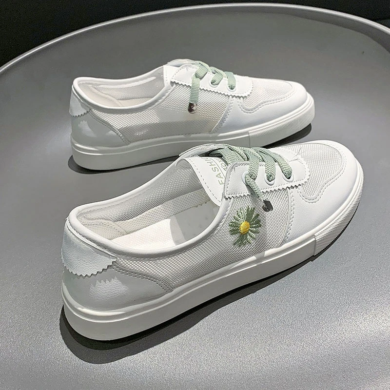 

Women's White Flat Vulcanized Shoes Ladies Breathable Mesh Sneakers Cross Strap Tennis Sports Shoes Student Walking Trainers