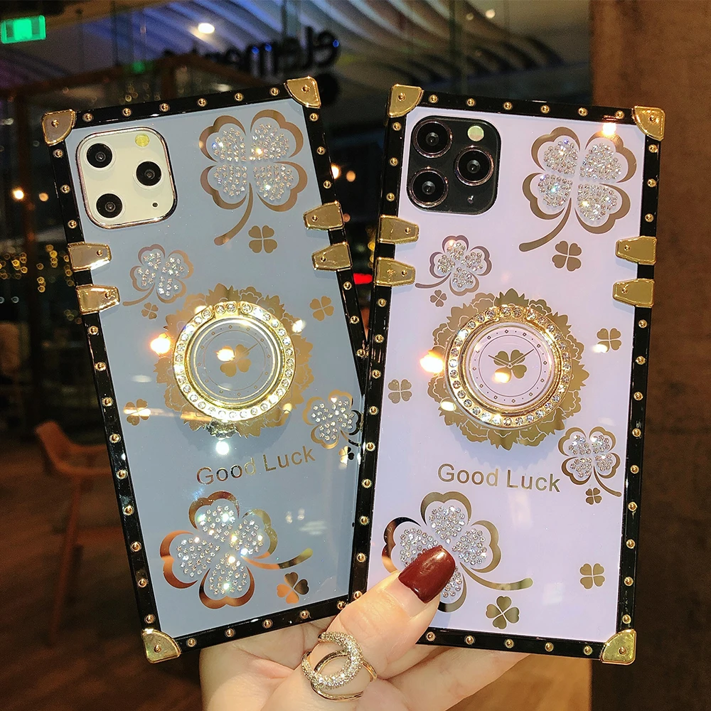 Luxury Lucky Flowers Ring Phone Case For Xiaomi Mi 11 Ultra POCO X3 Redmi 9 A Note 10 8 9 Pro 9S Square Diamond Cover Bracket
