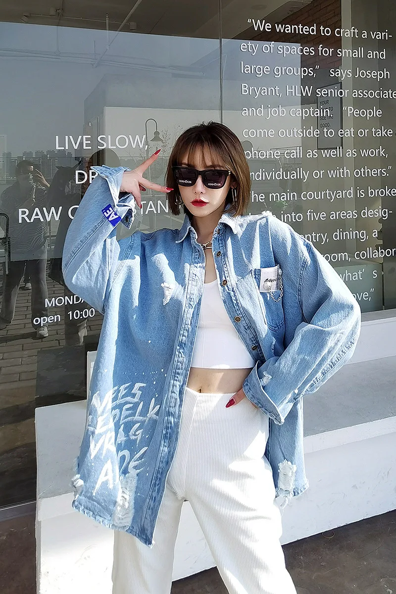 

QING MO Women Denim Blouse 2021 Spring Women Letter Graffiti Print Blouse Female Single Breasted Loose Blouse ZQY6750