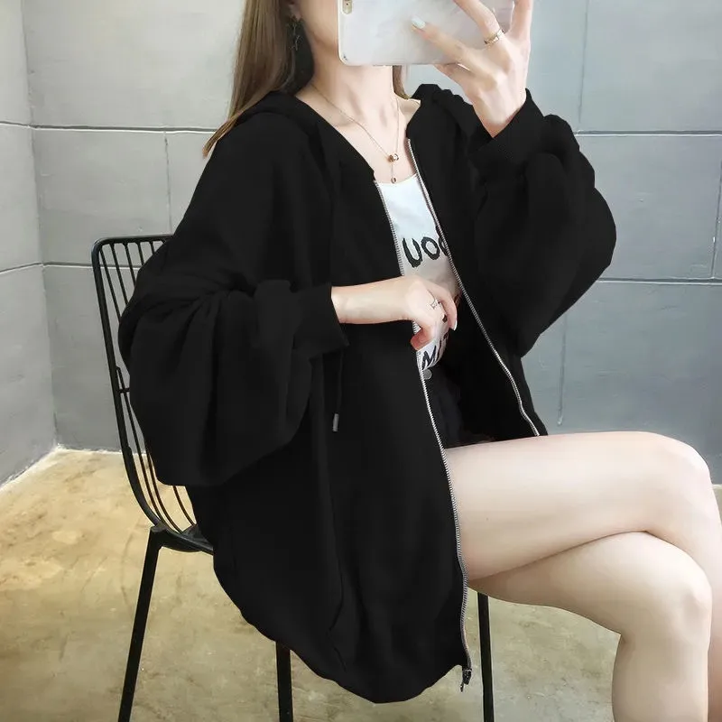 

Spring Autumn Cotton Women's Sweatshirt Cardigan Zipper Long Sleeve Solid Colour Hoodies For Women Loose Pullover