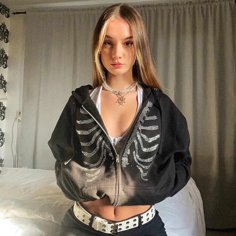 

Rhinestone Skeleton Zip Up Oversized Sweatshirts 2021 Summer Goth Hoodies Women Hooded Jacket Streetwear Retro Clothe