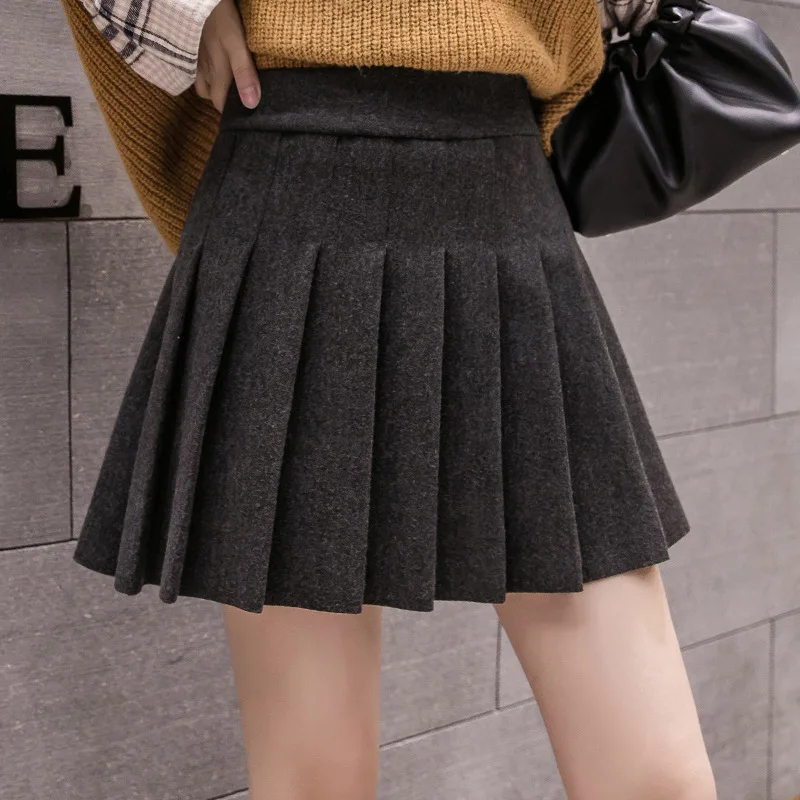 

Женская юбка с высокой талией, однотонная шерстяная плиссированная мини-юбка с подкладкой, трапециевидная повседневная юбка в студенческо...