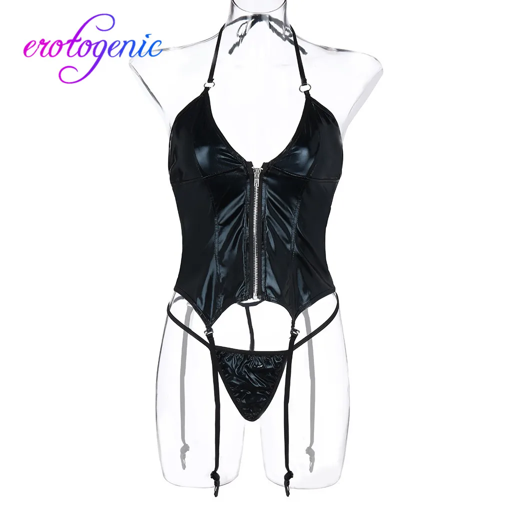 Сексуальное женское нижнее белье сексуальное кожаное боди на молнии с