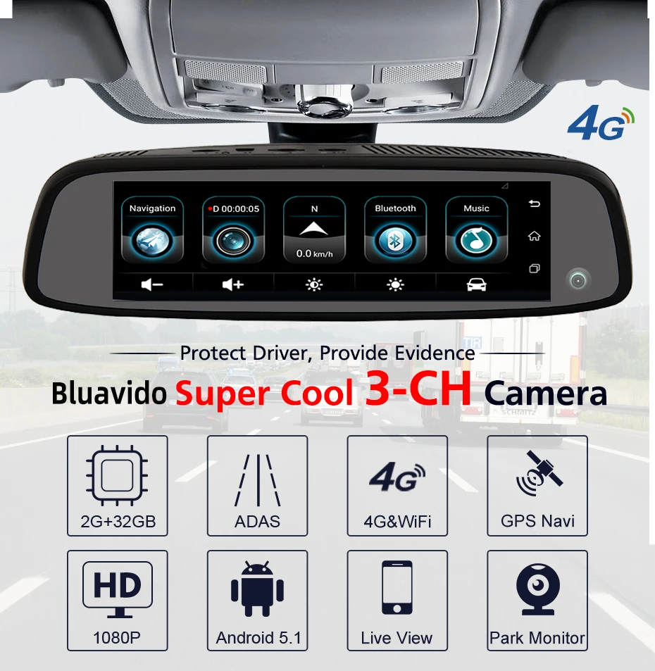 bluavido 3 cameras 4g android car mirror video recorder gps navigation adas 2g ram 32g rom fhd 1080p dashcam rearview mirror dvr free global shipping