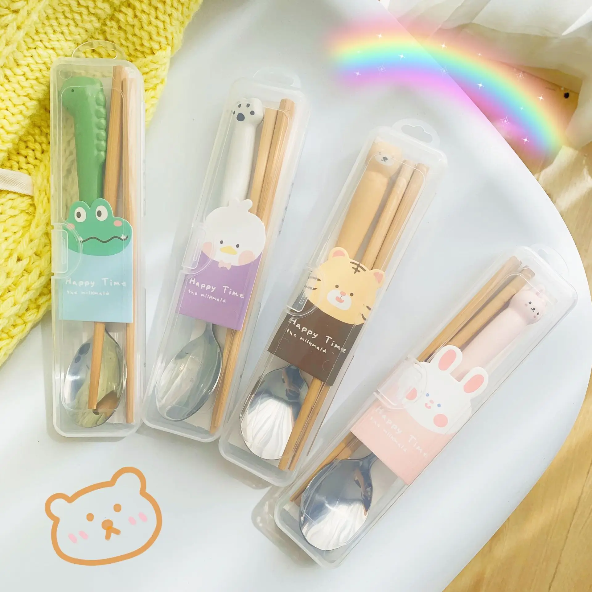 

Cute cartoon portable tableware two-piece set bamboo chopsticks ceramic stainless steel spoon boxed outdoor travel tableware set