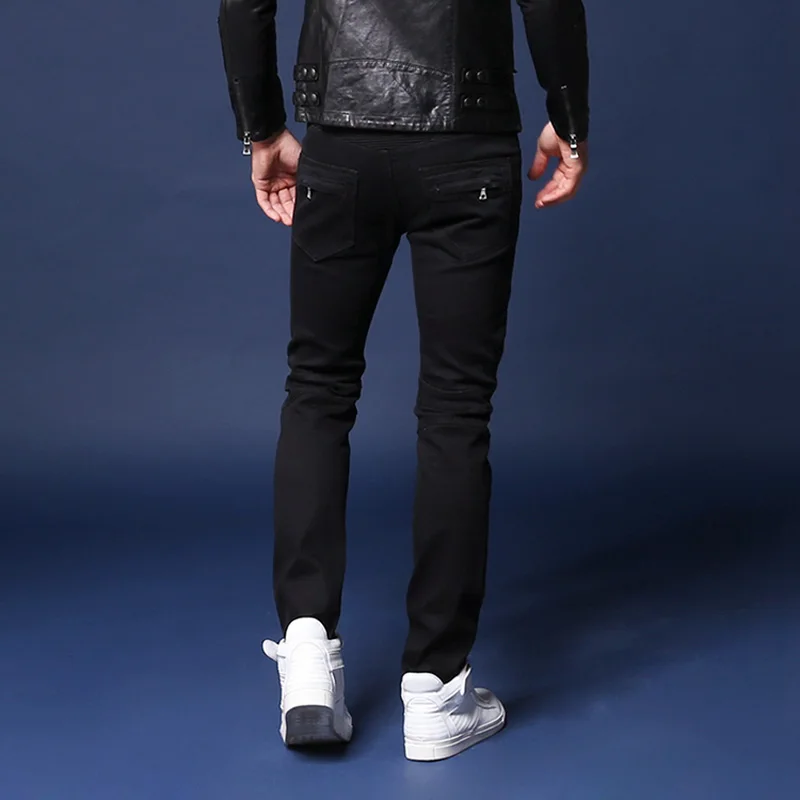 European American Street Style Fashion Men Jeans Black Color Slim Fit Spliced Designer Biker Jeans Men Hip Hop Denim Punk Pants