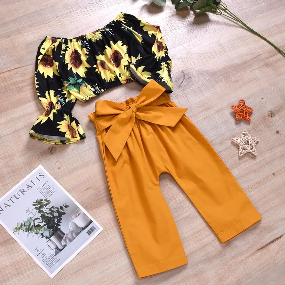 Топы с подсолнухами для девочек штаны длинными рукавами комплекты повседневной