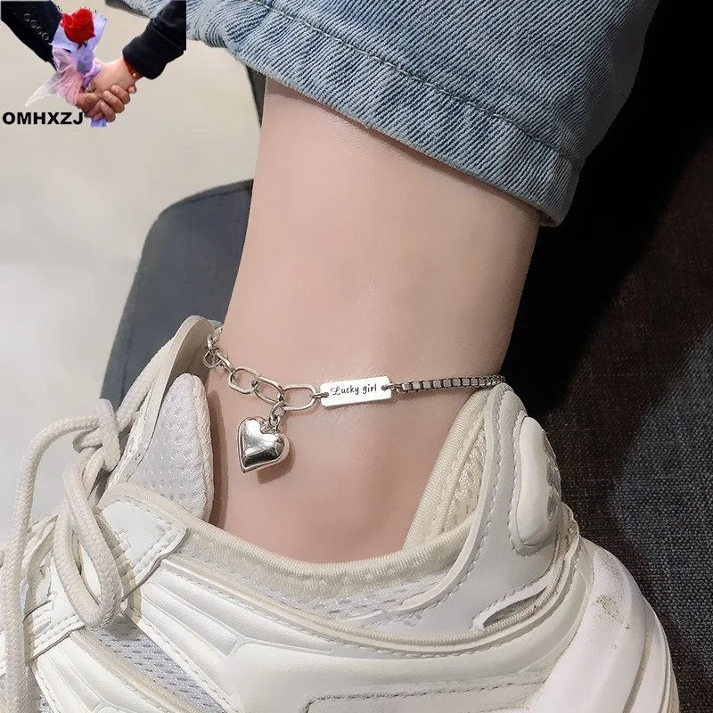 

OMHXZJ Wholesale JA17 European Fashion Woman Girl Party Birthday Wedding Gift Two Heart Charm Rectangle 18KT White Gold Anklet