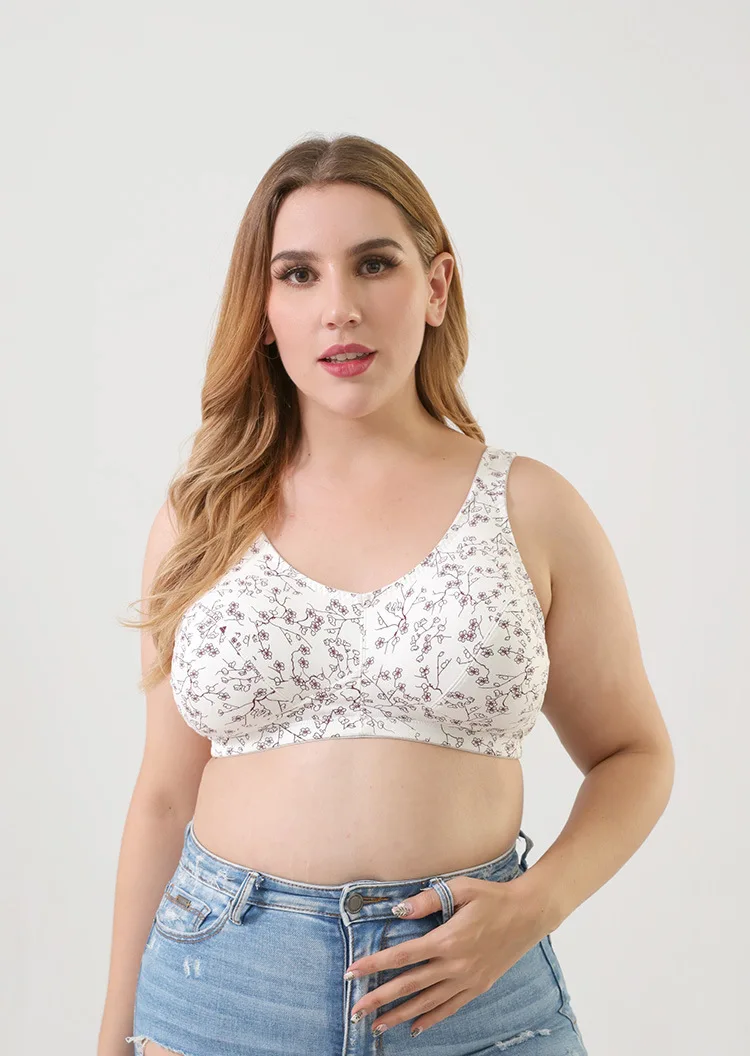 

2021 New Oversized Cotton Wireless One Piece Big Bra Floral Wide Shoulder Belt Comfortable Underwear Ultra Thin Bra C D E F Cup