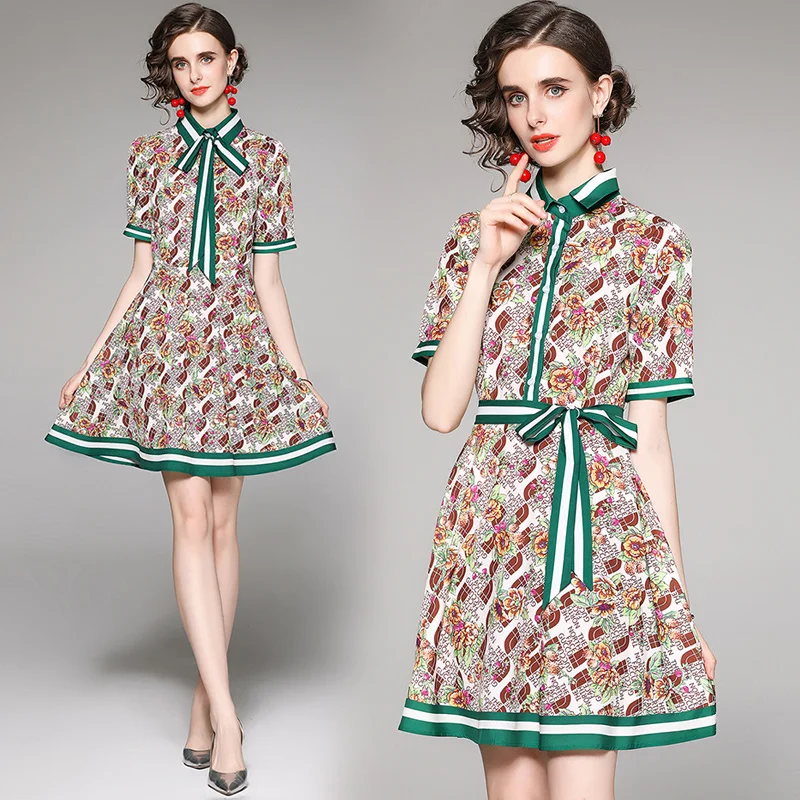 

England Style Fashion Button Turn-down Collar Summer Shirt Dress Bow Ribbon Women Clothing Short Sleeve French Party Mini Dress