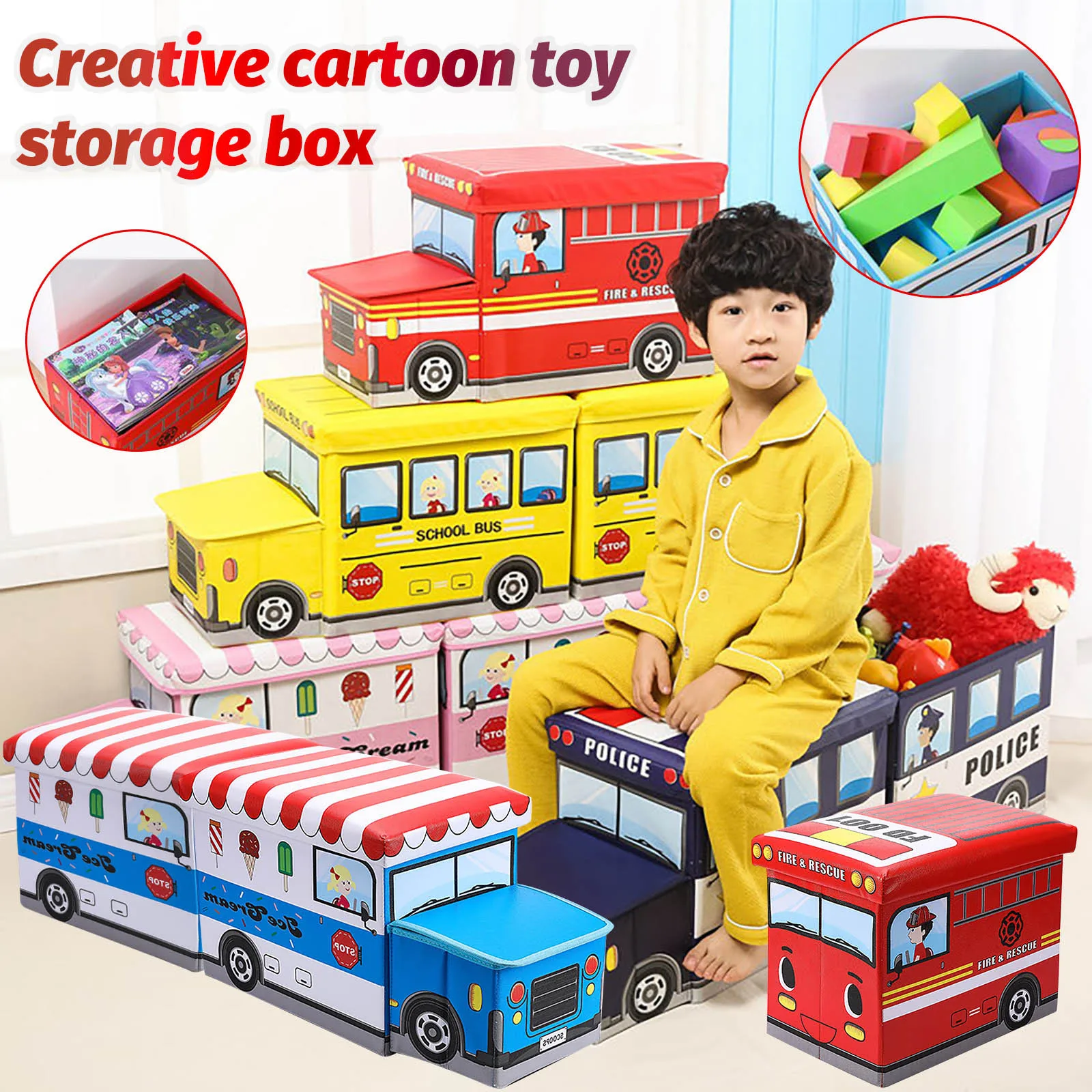

Storage Box Foldable Storage Stool Portable Toy Organizer Tidy Cute Cartoon Cars Home Container Bag Household Goods