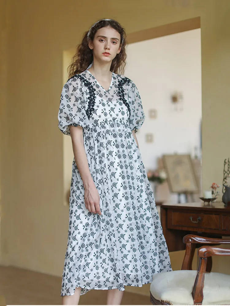 

Women Dress SpringSummer Vintage Elegant Slim Mori Girls French Full Embroidery Black White Empire Waist Midi Dresses Boho Dress