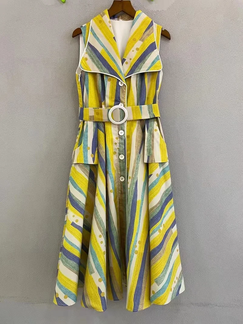 

Женское платье в полоску, Повседневное платье без рукавов с большим отложным воротником и карманами, в стиле пэчворк, Новинка лета 2022