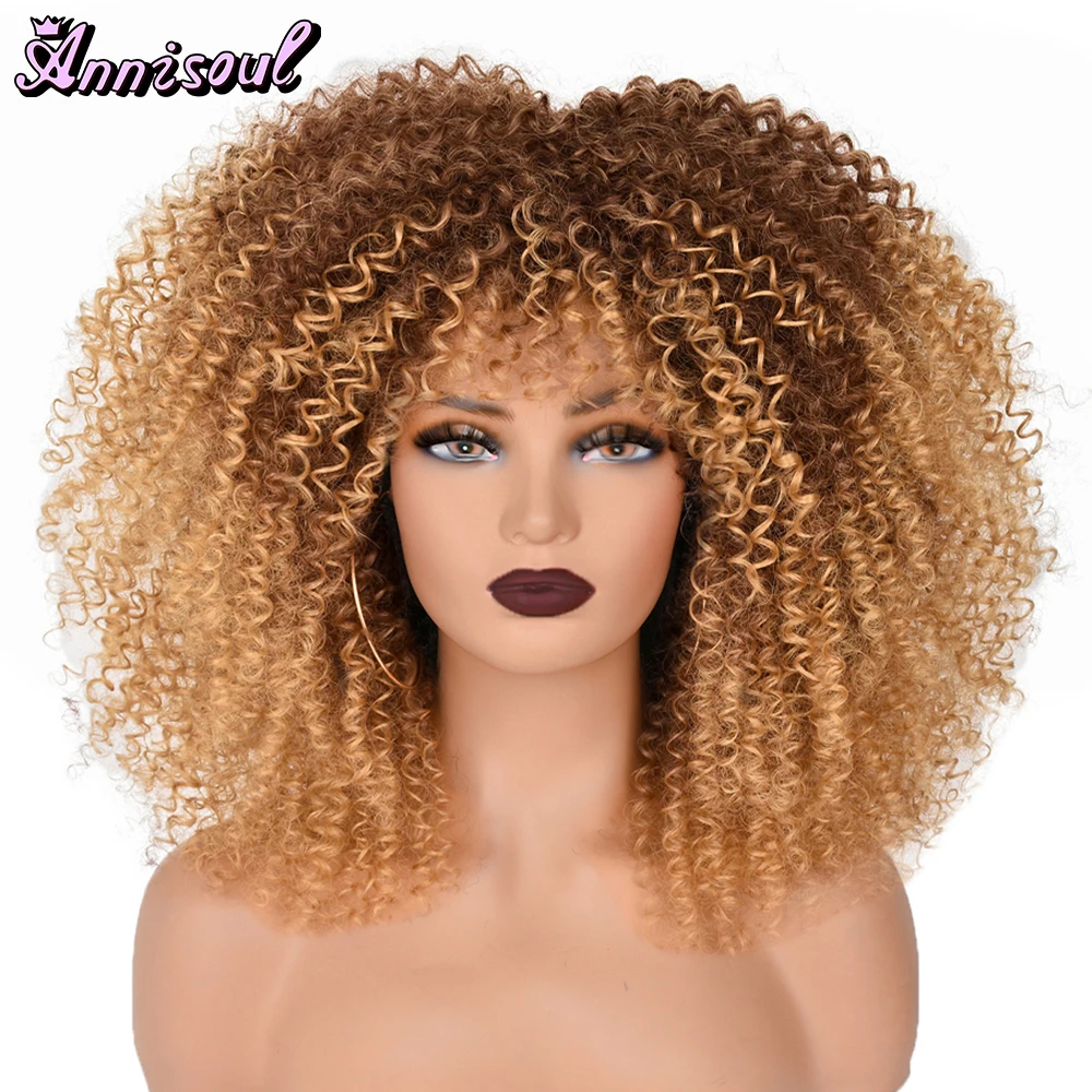 

Short Afro Kinky Curly Wigs With Bangs For Black Women 16" African Synthetic Ombre Glueless Cosplay Wigs ANNISOUL