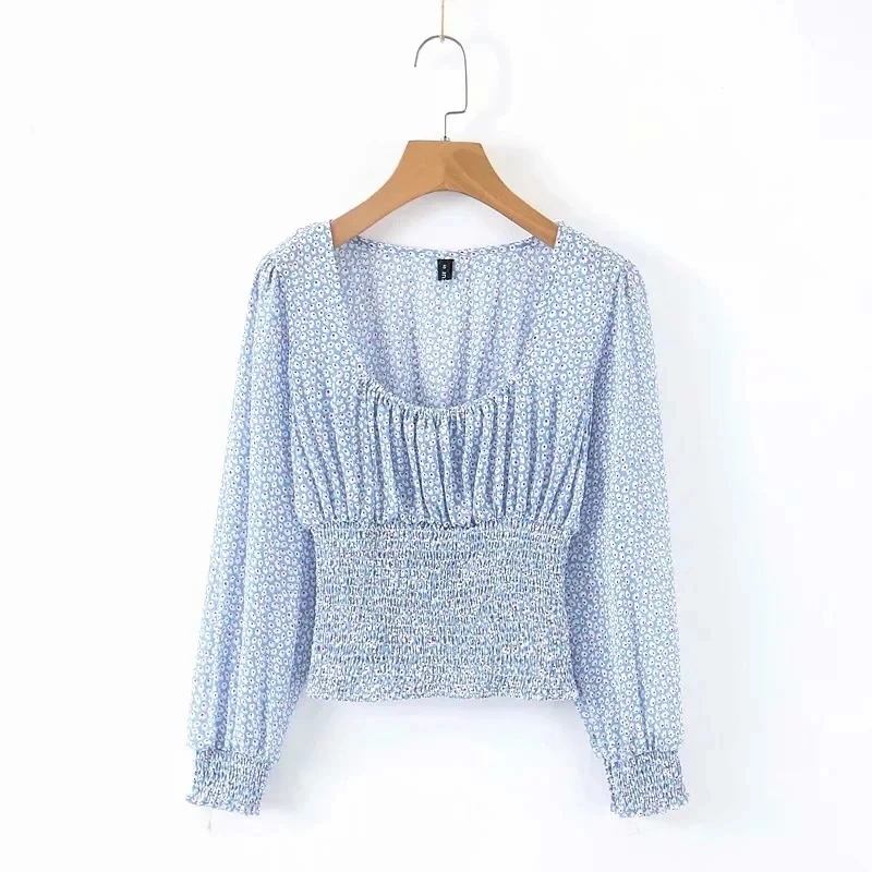 

Hot Sale Women Flower Print Square Collar Blouse Smock Female Nine Quarter Sleeve Shirt Casual Lady Short Tops Blusas S9335