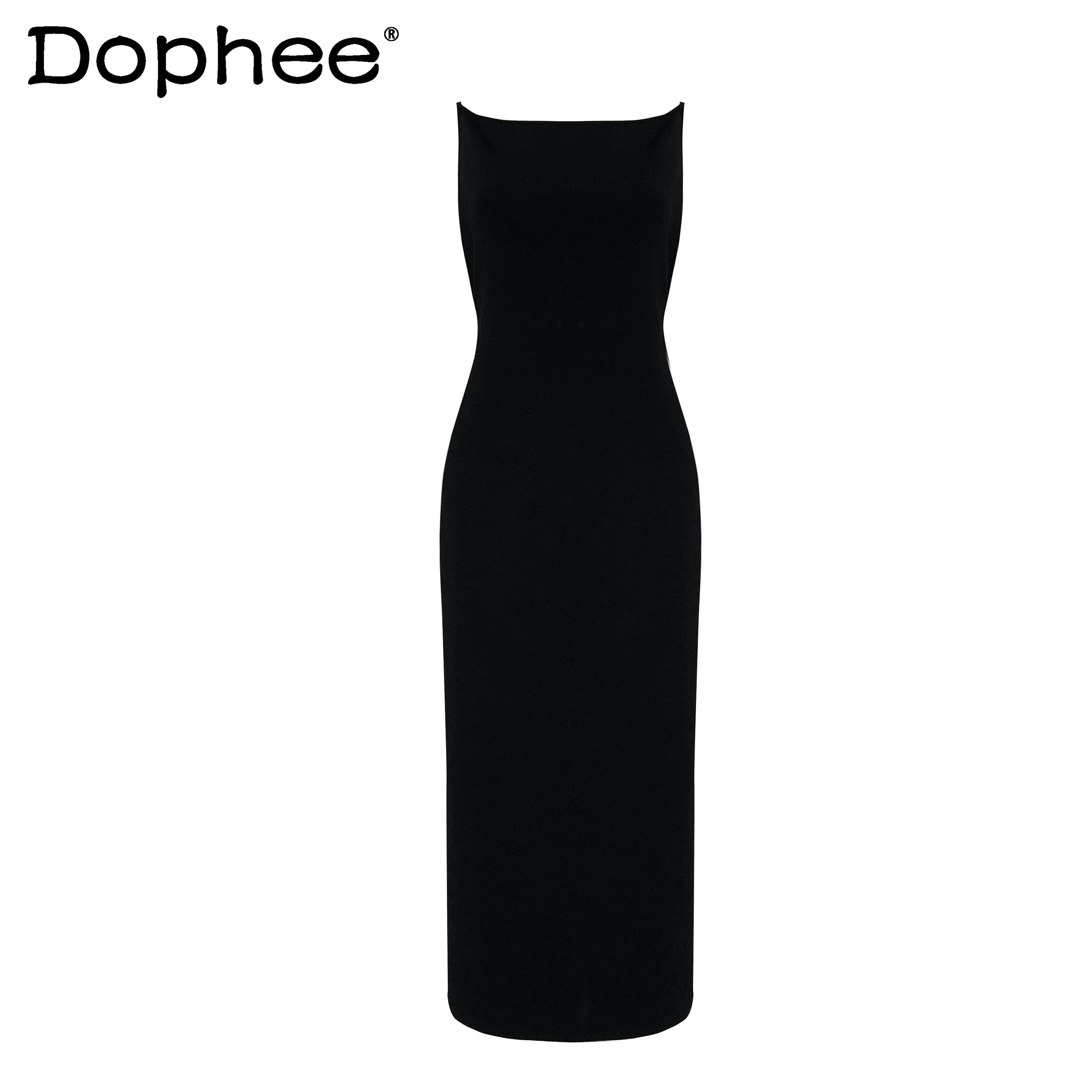 

Popular Elegant Dress for Women Off-Neck Backless Knitted Suspender Dress Mid-Length Sleeveless Solid Colour Simple Dress