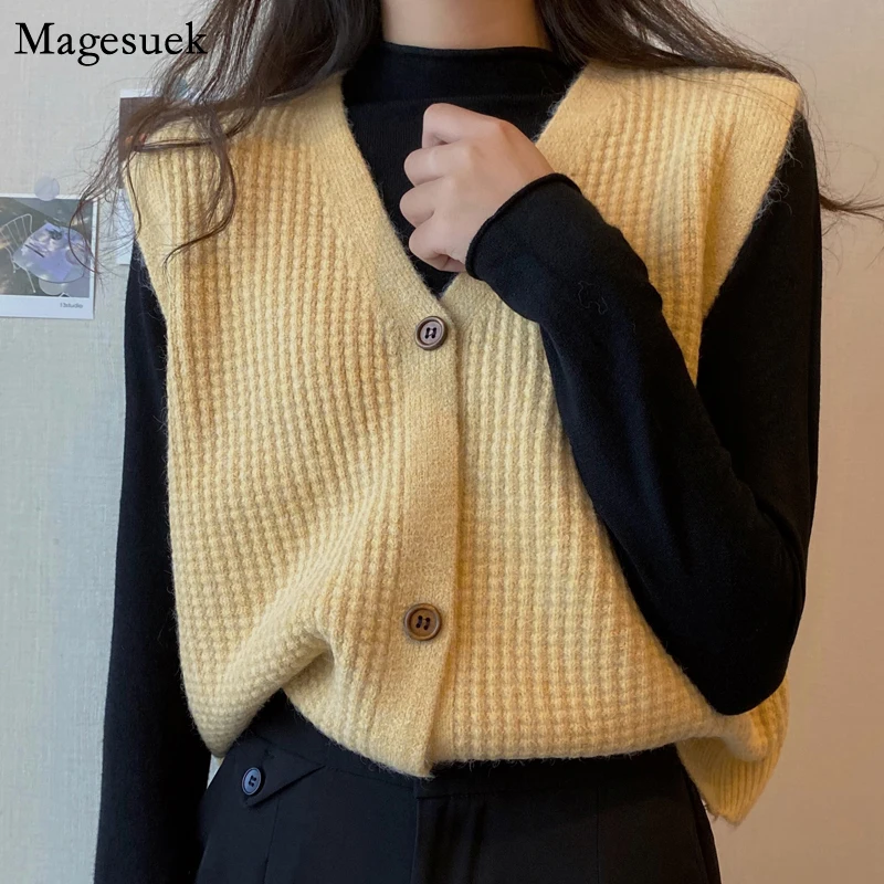 

Sleeveless Knitted Sweater Vest Women Vintage Loose Casual Vest Sweaters Autumn and Winter New Cashmere Cardigan Vest Tops 16910