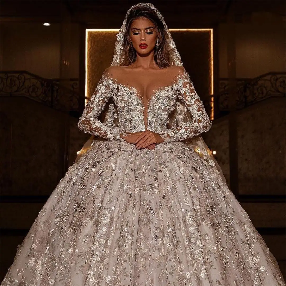 

Dubai Luxury Wedding Dress Lace Embroidery Chapel Train Arabic Long Sleeve Bridal Gowns with Veil Exquisite vestido de novia