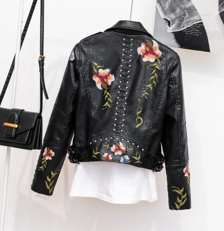 omen Floral Print Embroidery Faux Soft Leather Jacket Coat Turn-down Collar Casual Pu Motorcycle Black Punk Outerwear enlarge