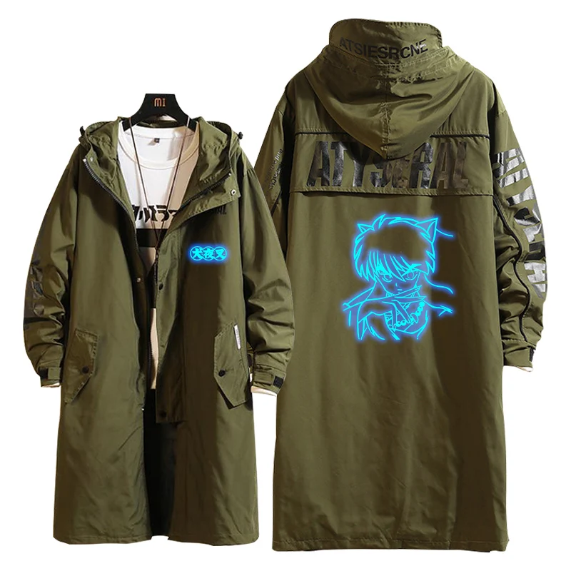 

Unisex Hot Sale Casual Fashion Hooded Coat Wide Print Zipper Long Overcoat Wind Jacket Inuyasha Cosplay Luminous Black Hoodie