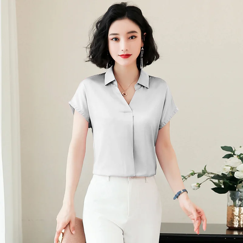 

Summer Fashion Silk Womens Tops and Blouses Satin Short Sleeve Top Women Black Pink Women Shirts Blouses