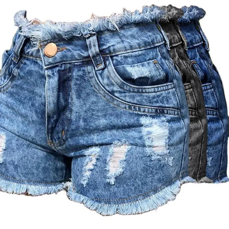 

Black Ripped Jeans Shorts Women Summer Plus Size Fashion Slim High Waist Tassel Denim Shorts Vintage Cotton Short Jeans Feminino