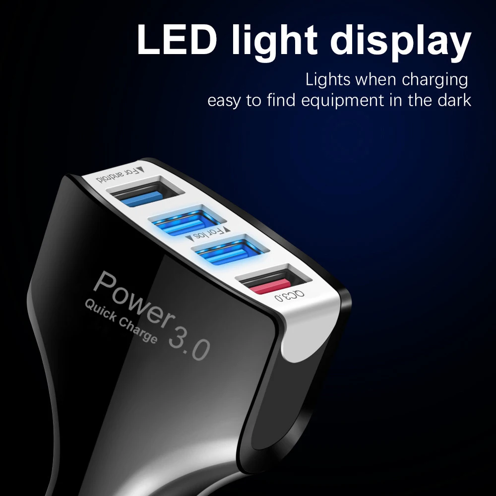 Car Charger Quick Charge 3.0 Phone Fast Charging 4 Ports USB Portable Chargers for iPhone 12 Pro Cables QC | Мобильные телефоны и