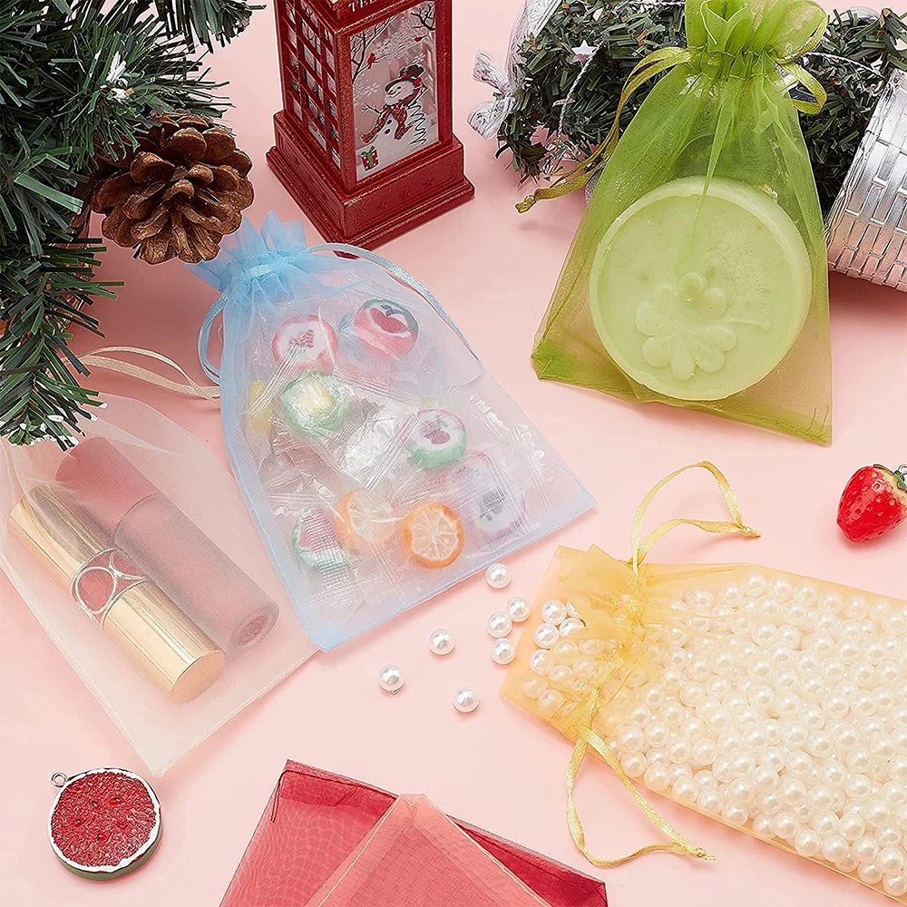 50pcs/lot 7x9cm 9x12cm 10x15cm 13x18cm Drawstring Organza Bags Jewelry Packaging Bags Candy Wedding Bags Wholesale Gifts Pouches