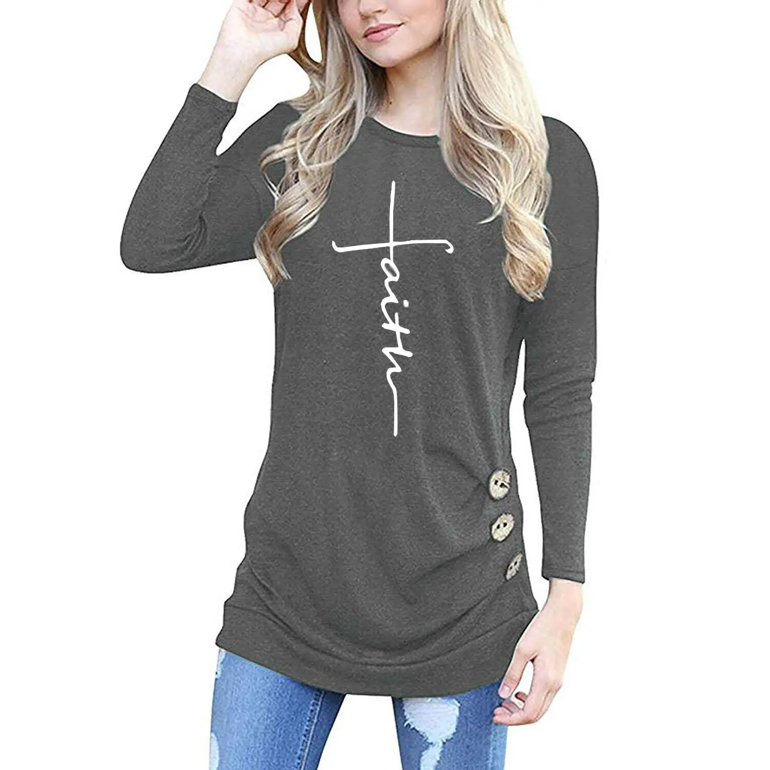 Женская свободная футболка с длинным рукавом верный принт топы пуловер джемпер