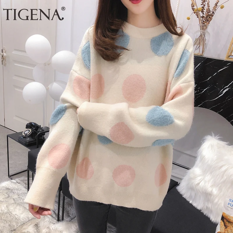 Женский милый sweater в горошек TIGENA, теплый вязаный свободный пуловер с длинным рукавом, джемпер для женщин на зиму