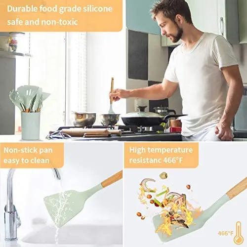 

11Pcs Food Grade Silicone Kitchenware Household Wooden Beech Handle Cooking Utensils Baking Tools Non-stick Spatula Kitchen Tool