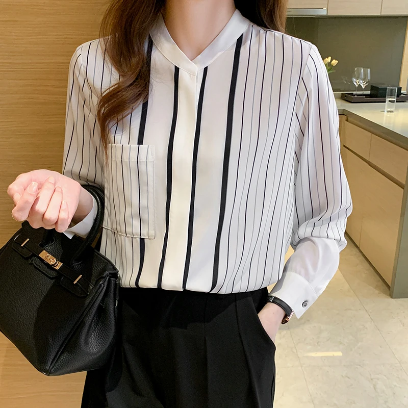 

2021 Autumn Chiffon Striped Blouse Shirt For Women Long Sleeve Tops Woman Office Ladies Shirts Tops Female Blusas Basic Clothing