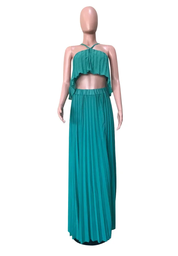 

Sexy Pleated Two-Piece Skirt Womens Sleeveless Halter Top + Long Skirt Fashion Elegant High Temperament Long Skirt Suit 2021 New