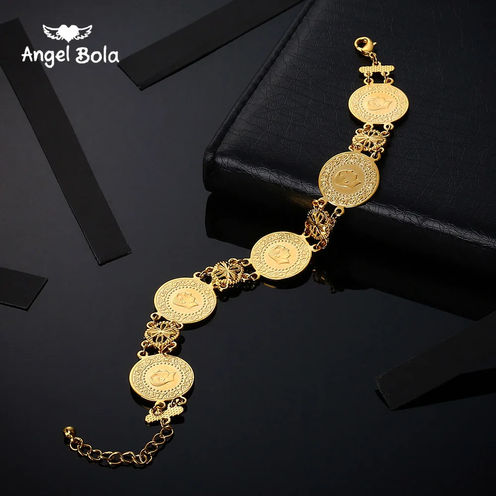 Женский и мужской браслет украшенный драгоценными Монетами Золотого Цвета с
