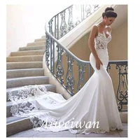 mermaid trumpet wedding dresses sweetheart neckline court train lace stretch satin spaghetti strap sexy with laceappliques2021