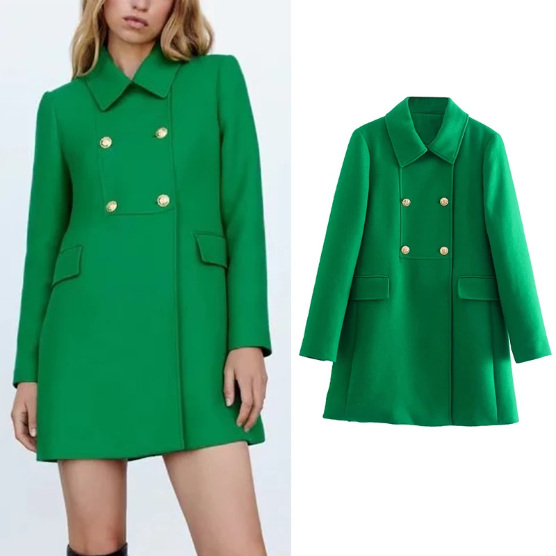 

Женский блейзер с отложным воротником ZA, однотонный двубортный пиджак с длинным рукавом, верхняя одежда, осень-зима 2021