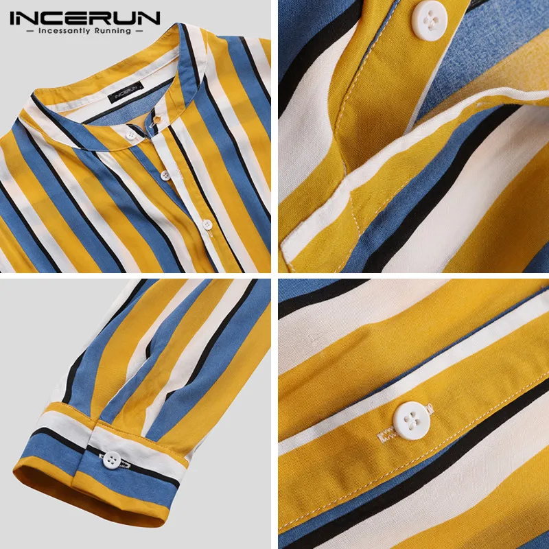 

Men Long Sleeve Shirt Striped Breathable Stand Collar Fashion Camisa Masculina Button Brand Casual Tops Mens Clothing INCERUN