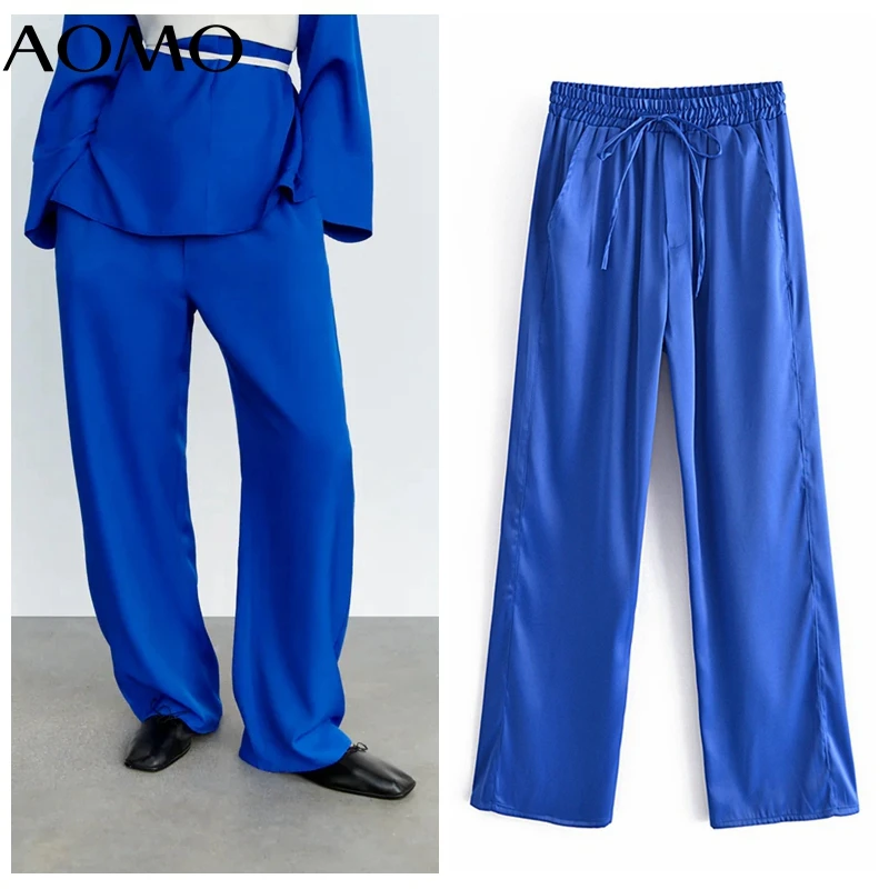 

AOMO 2021 Fashion Women Loose Blue Pants Bow Long Trousers Strethy Waist Pockets Female Pants QN85A