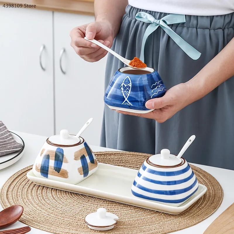 Японский Стиль полосатый сахарница Керамика набор горшочков бытовой солонка