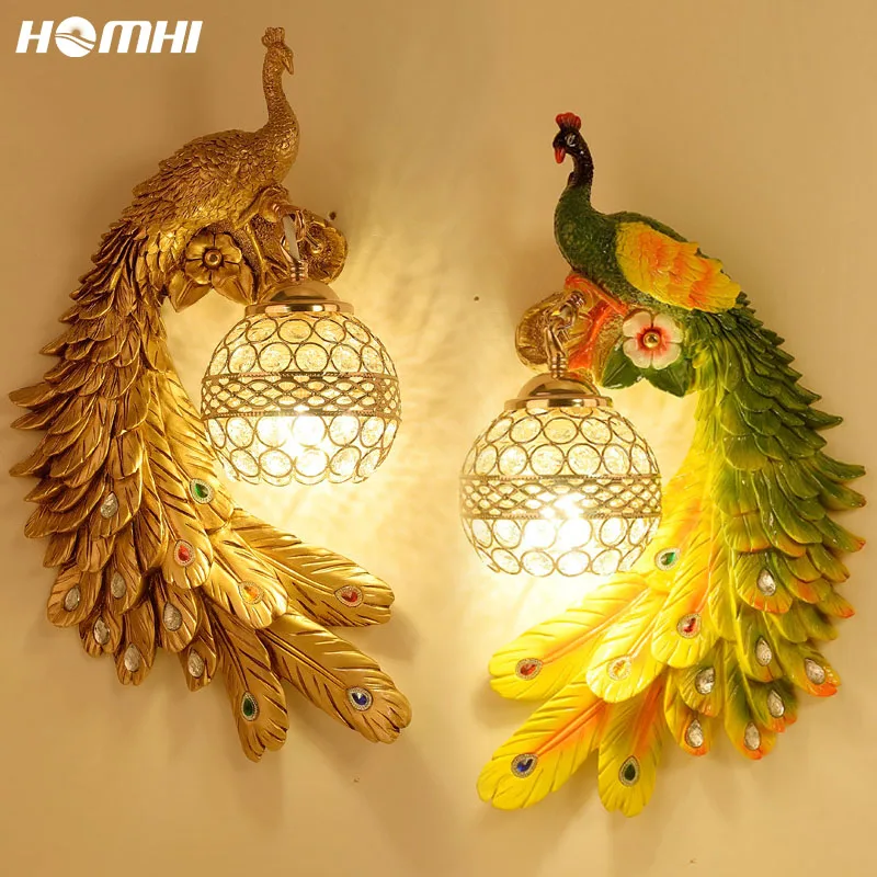 

Gold Peacock Modern Indoor Wall Lamp Lighting Fixture Led Lights Decoration For Room Art Deco Animal Crystal Lampshade HWL-123