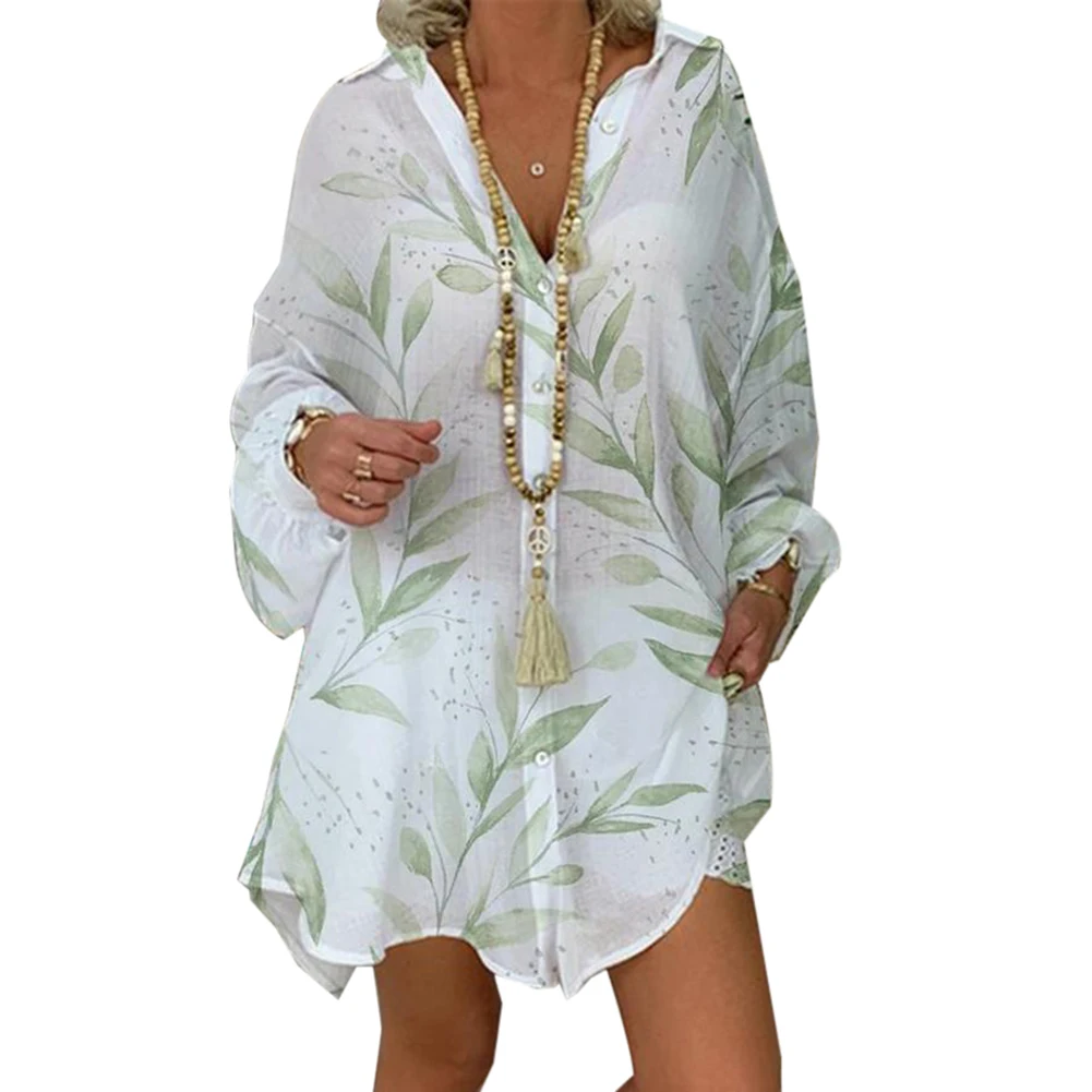 Женское пляжное платье-рубашка с принтом листьев и длинным рукавом | Женская