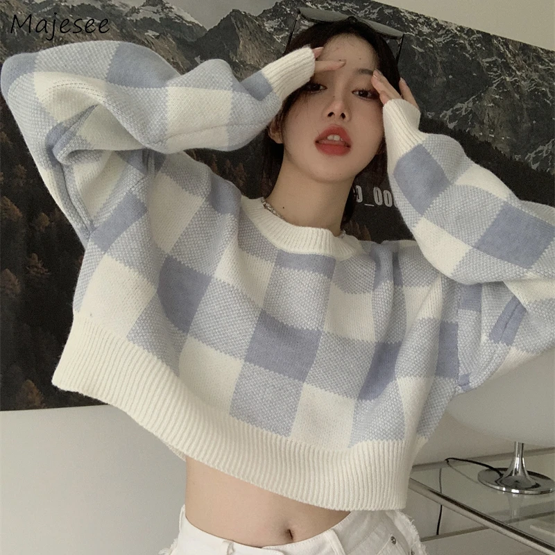 

Pullovers Women Plaid Autumn New Preppy Style Teenager Vintage O-neck Slouchy All-match Ulzzang Leisure Cropped Knitting Sweater
