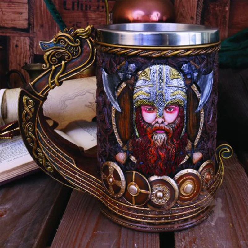 

Vintage Viking Mug with Stainless Steel Liner 3D Resin Nordic God Odin Coffee Beer Mugs Pirate Cup Halloween Birthday Gift 600ml