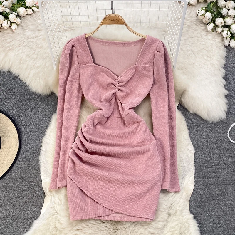 

2021 Winter Dress Women Solid Ruched Square Collar Long Sleeve Mini Bodycon Dress Autumn Fashion Streetwear Folds Corduroy Dress