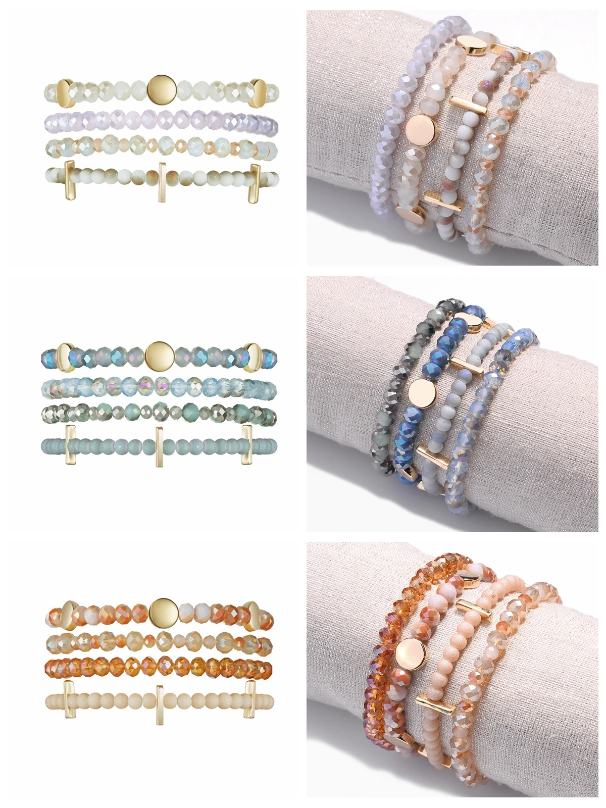 QIMOSHI Bohemian 4 Strands Crystal Beaded Multi-Layer Bracelet Set for Women Wrapped Stackable Bead Charm Stretch Bangles