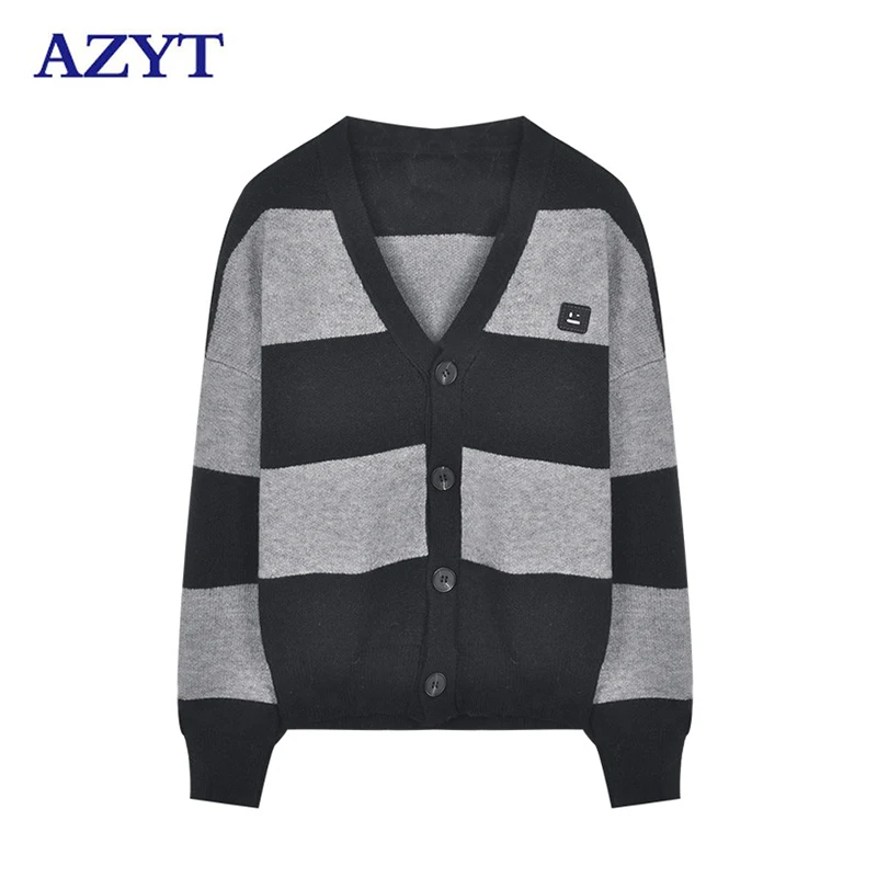

Женский винтажный свитер в полоску AZYT, кардиган на осень и зиму, вязаный свитер, Женская куртка, свободные женские топы с V-образным вырезом, ...
