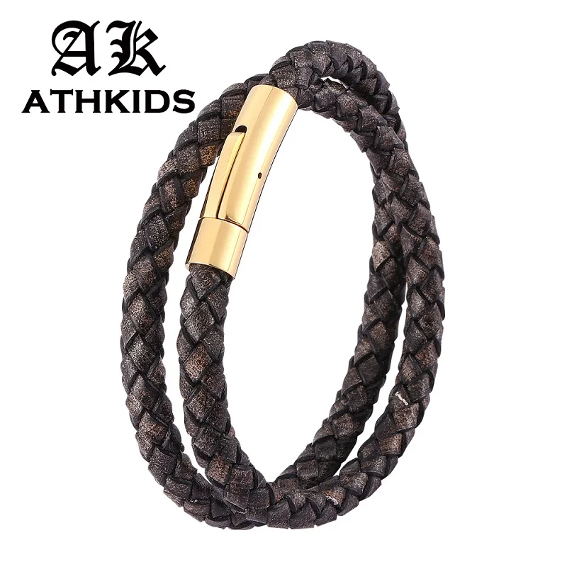 Модный Ретро черный плетеный кожаный двухслойный браслет с защелками из