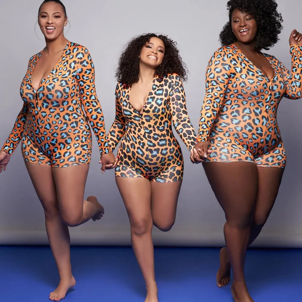 

Plus Sizes Leopard Playsuit Long Sleeve V Neck Button Bodycon Stretchy Shorts Rompers Adult Pajamas Women Stretchy Cloth