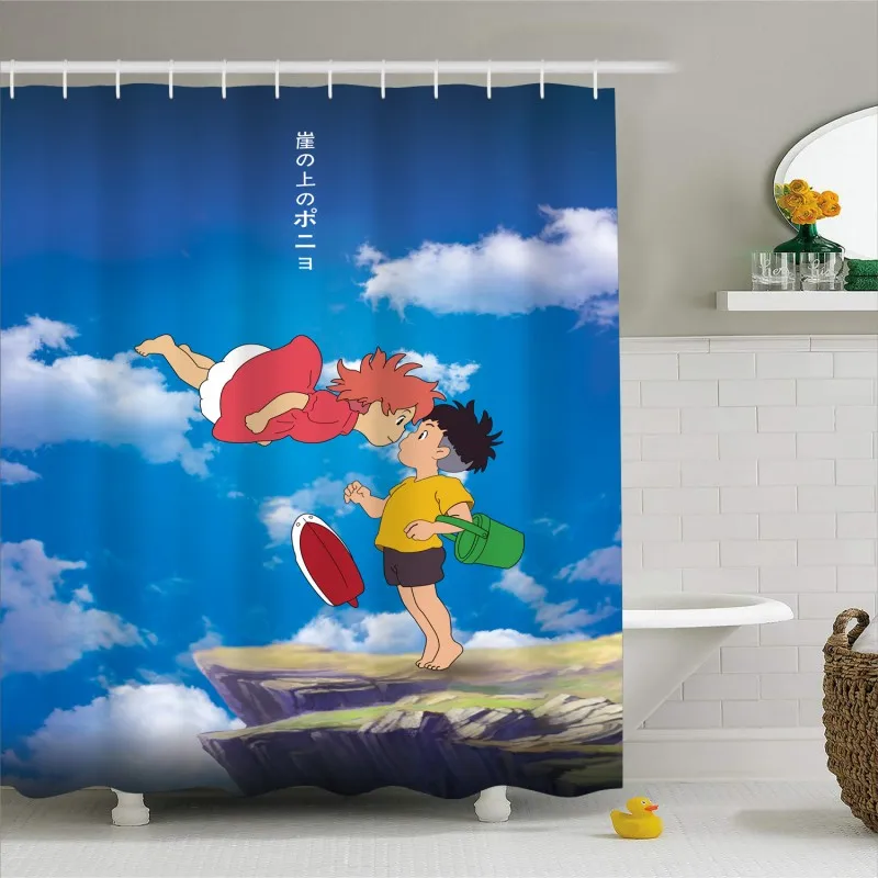 

3D Print Shower Curtain Ponyo On The Cliff Anime Cute Character Bath Curtains Polyester Waterproof Blue Bathroom Set With Hooks